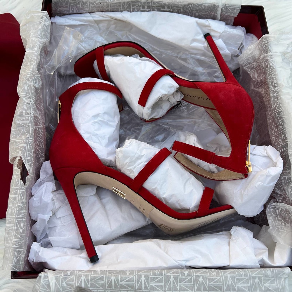 Tamara Mellon Reverse Frontline 105 Red Suede Heeled Sandals Women's Size 37.5 - Picture 8 of 11